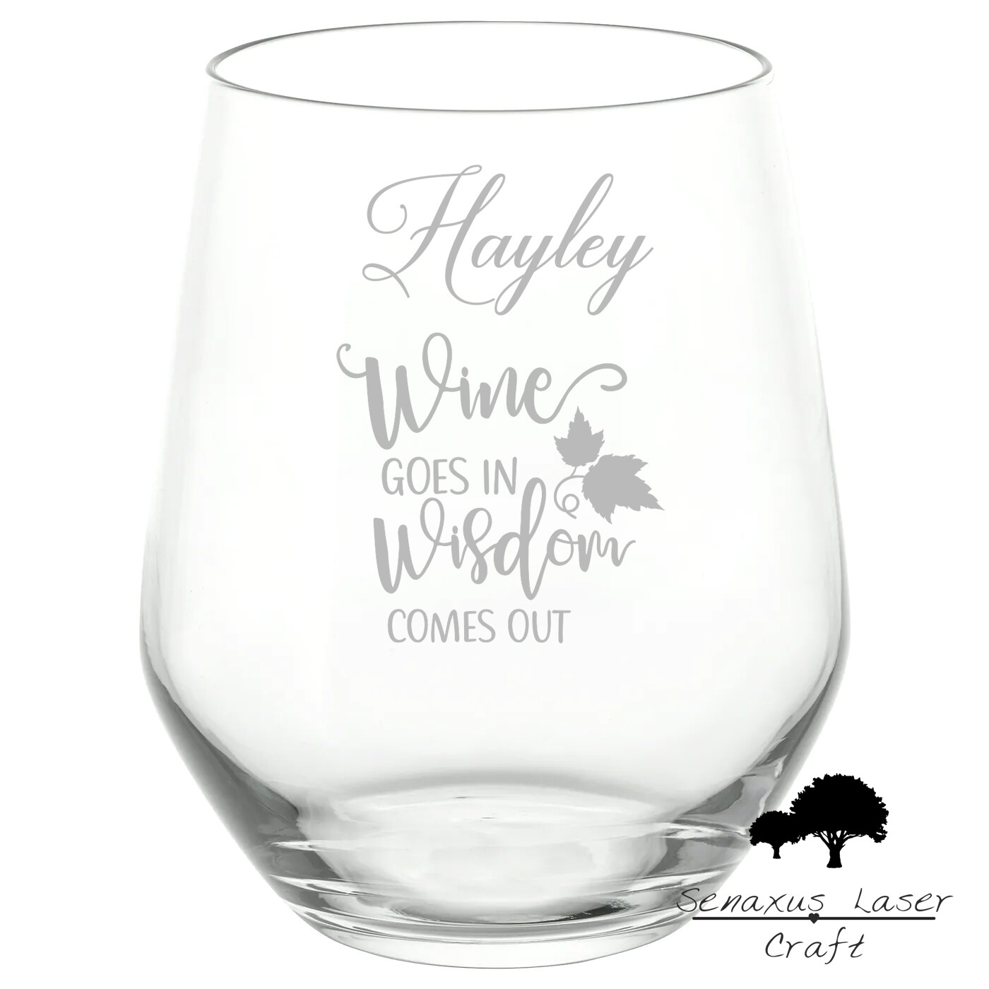 Personalised &quot;Wine Goes In, Wisdom Comes Out&quot; Funny Quote stemless wine/spirit Glass. Great Gift for Any Occasion