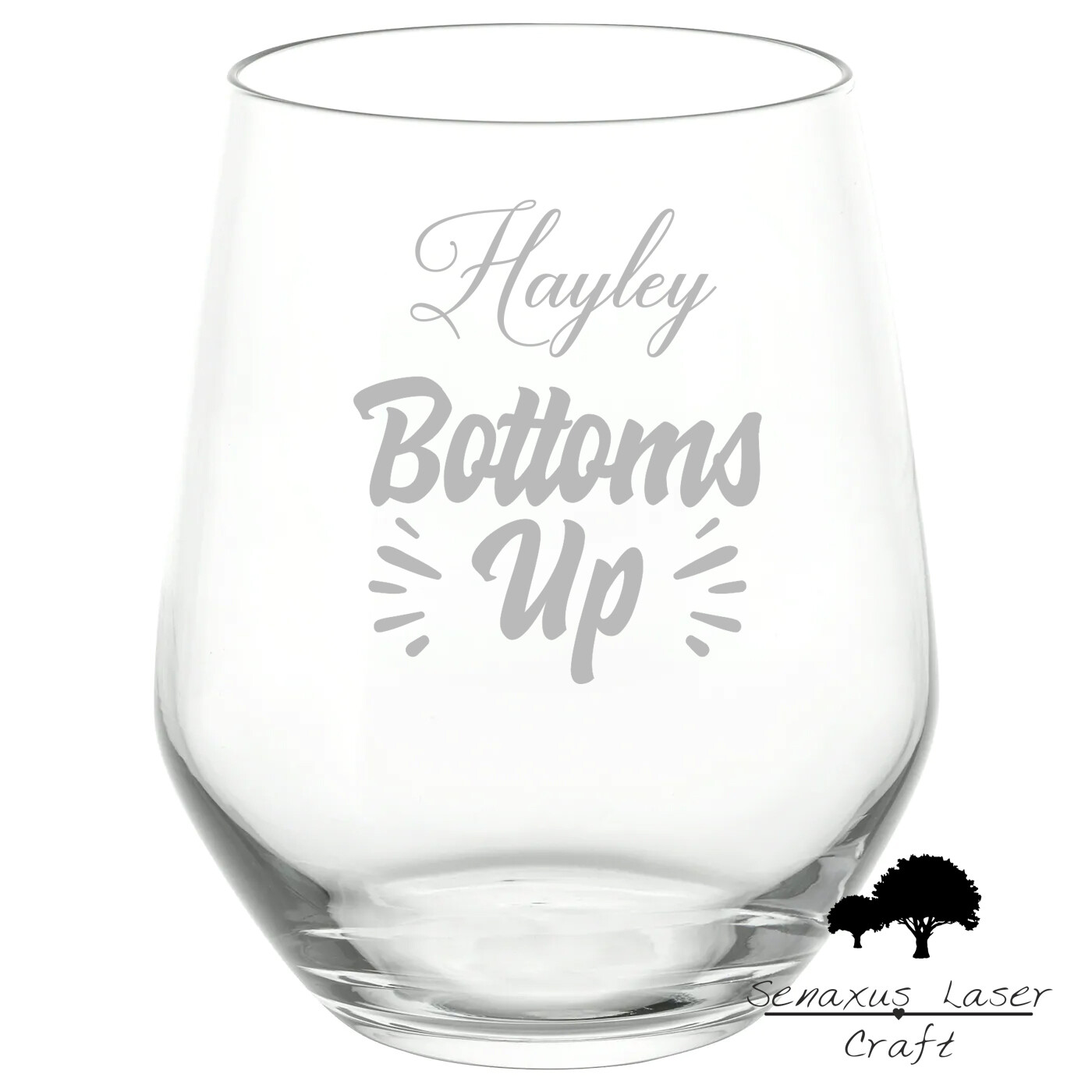 Personalised &quot;Bottoms Up&quot; Funny Quote stemless wine/spirit Glass. Stunning Gift for Any Occasion