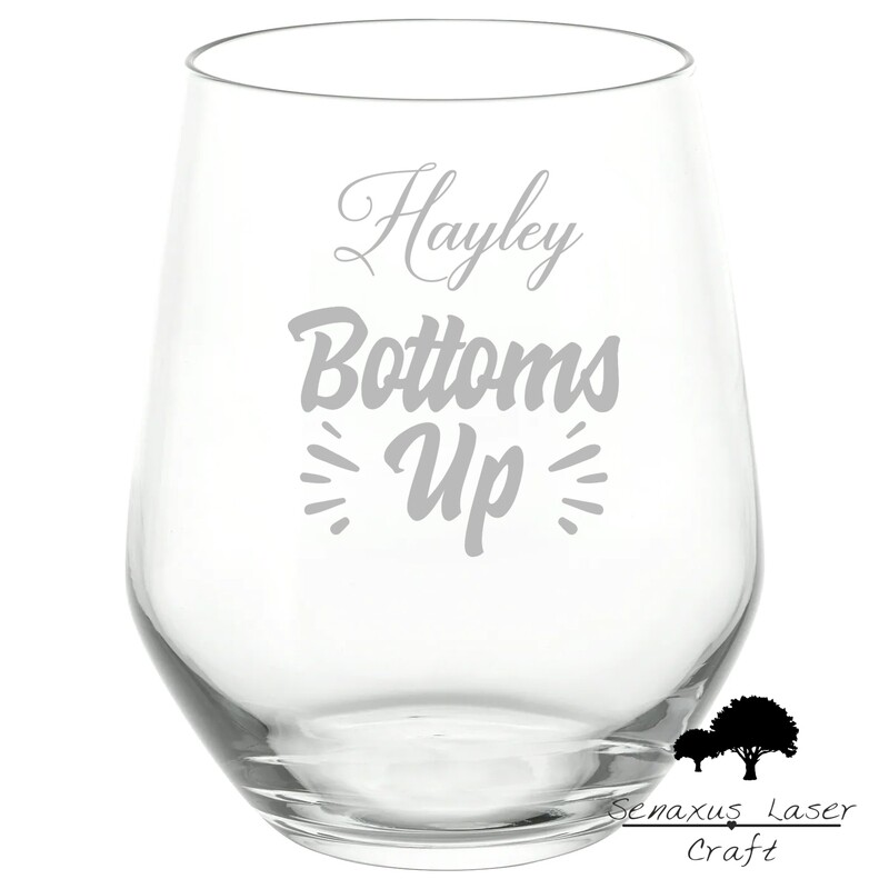 Personalised &quot;Bottoms Up&quot; Funny Quote stemless wine/spirit Glass. Stunning Gift for Any Occasion