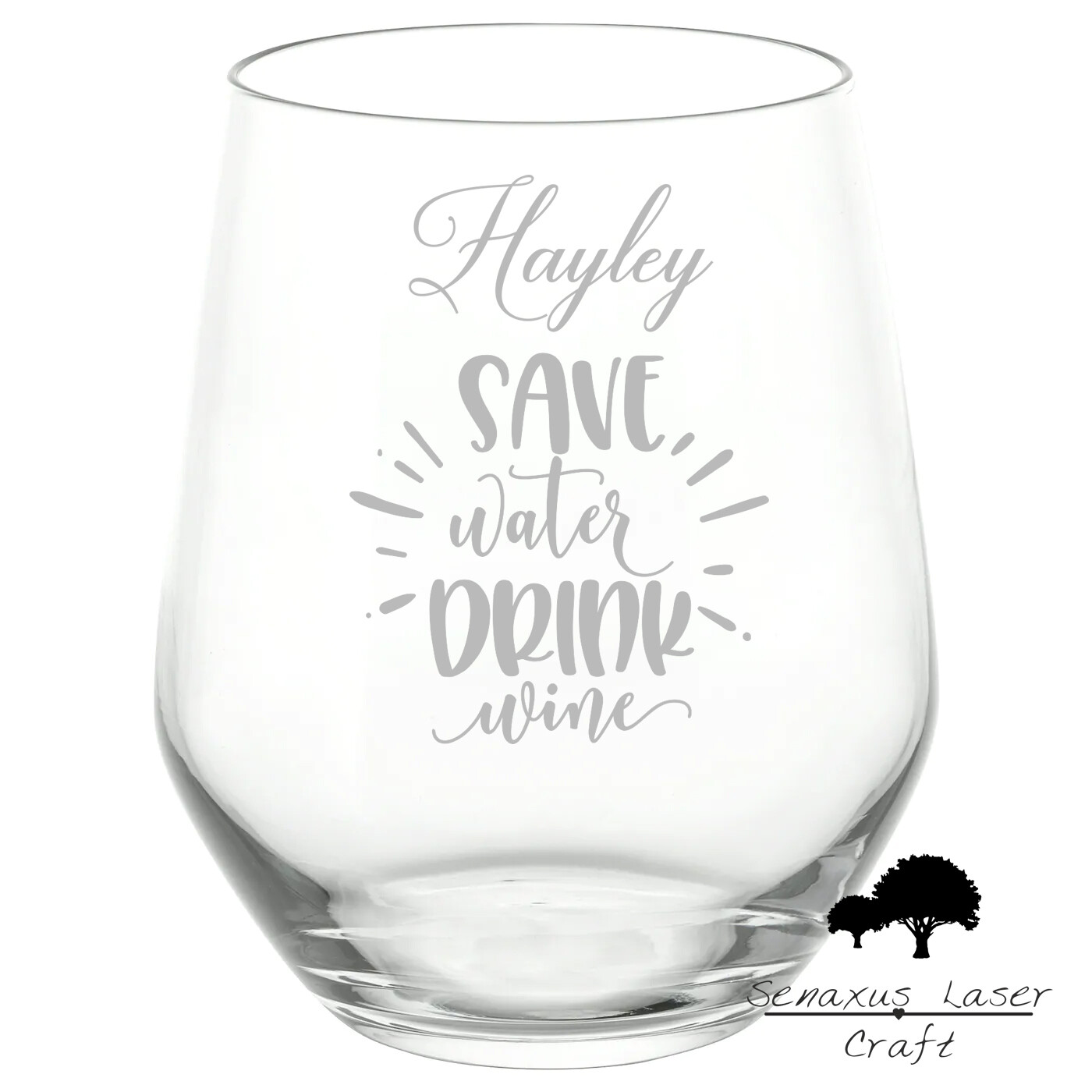 Personalised &quot;Save Water, Drink Wine&quot; Funny Quote stemless wine/spirit Glass. Great Gift for All Occasions