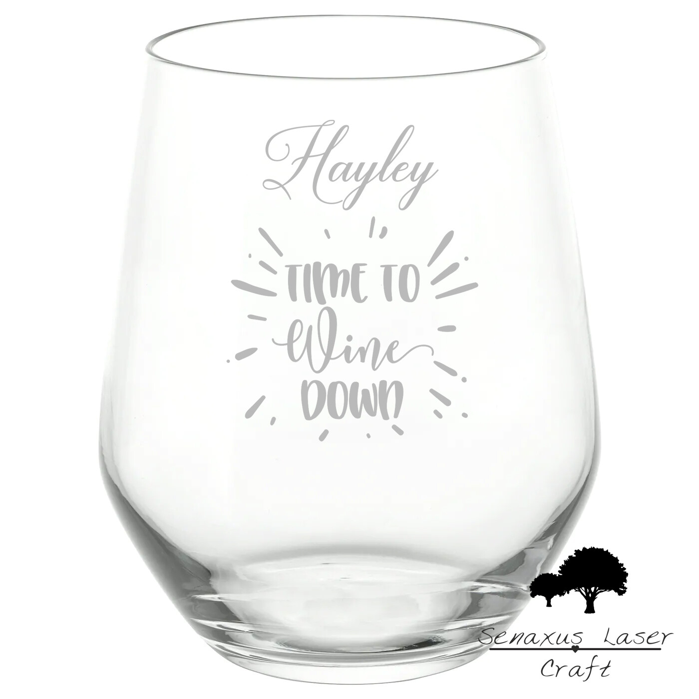 Personalised &quot;Time To Wine Down&quot; Funny Wine Quote stemless wine/spirit Glass. Great Gift for All Occasions