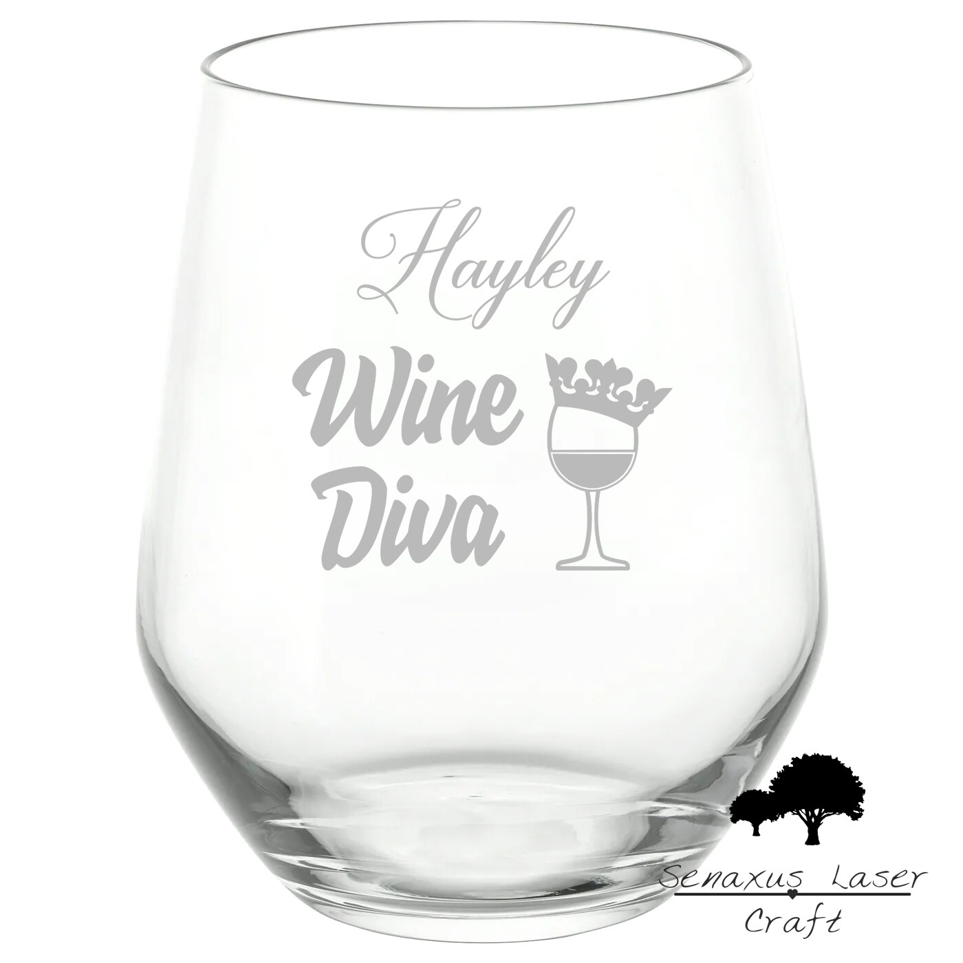 Personalised &quot;Wine Diva&quot; Unique Wine Design stemless wine/spirit Glass. Great Gift for Birthdays and Christmas