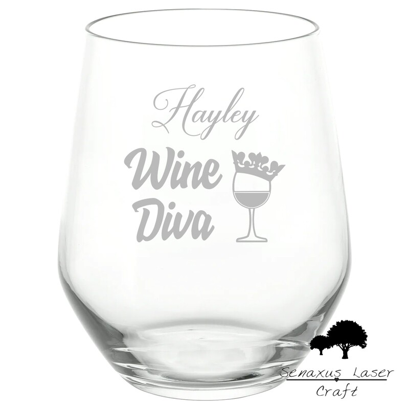 Personalised &quot;Wine Diva&quot; Unique Wine Design stemless wine/spirit Glass. Great Gift for Birthdays and Christmas