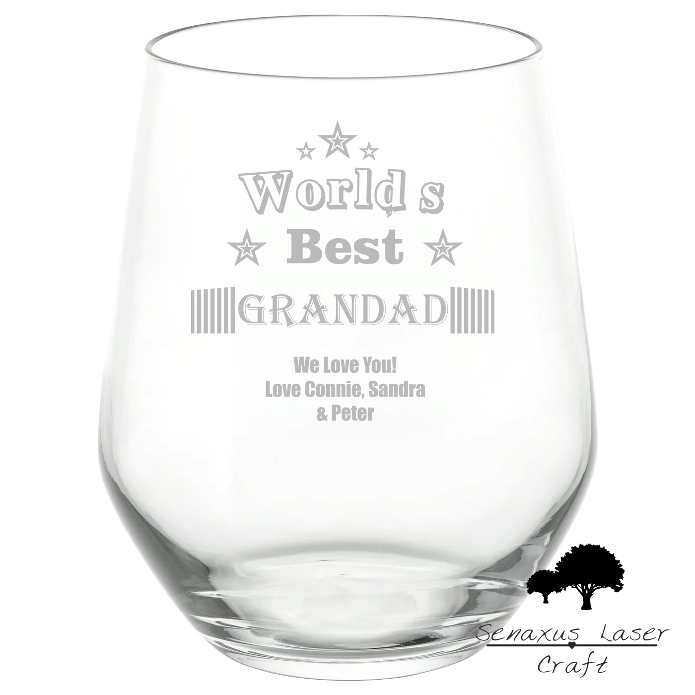 Personalised Worlds Best &#39;Family Member&#39; Design stemless wine/spirit Glass. Great Gift for Birthdays and Christmas