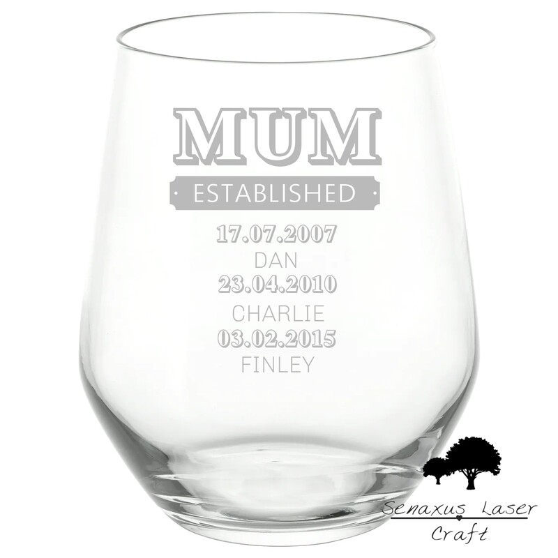 Personalised Family Established Design stemless wine/spirit Glass. Stunning Gift for Birthdays, Christmas, Fathers Day and any other Events