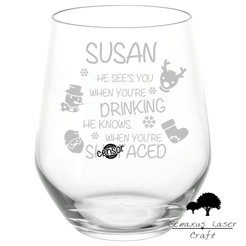 Personalised &#39;He Sees You When You&#39;re Drinking&#39; Funny Christmas Design stemless wine/spirit Glass. Stunning Gift for Secret Santa
