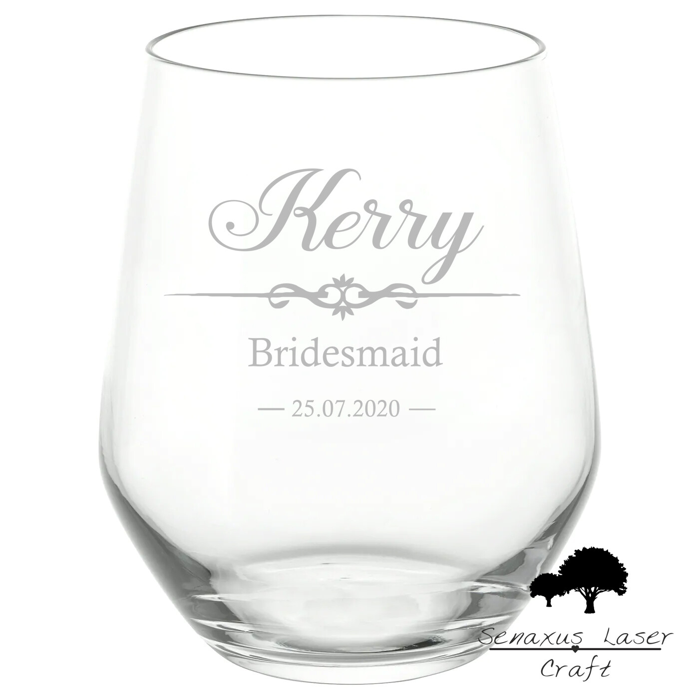 Custom Vintage Bar With Personalised Role, Name and Date Wedding Design stemless wine/spirit Glass. Stunning Gift for all Wedding Events