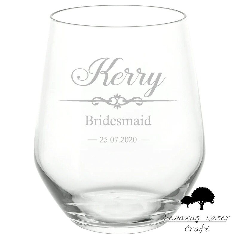 Custom Vintage Bar With Personalised Role, Name and Date Wedding Design stemless wine/spirit Glass. Stunning Gift for all Wedding Events