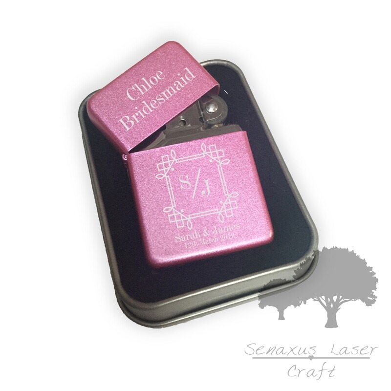 Personalised engraved Pink Bridal Party favours gift lighter in Tin. With free engraving PLTR12