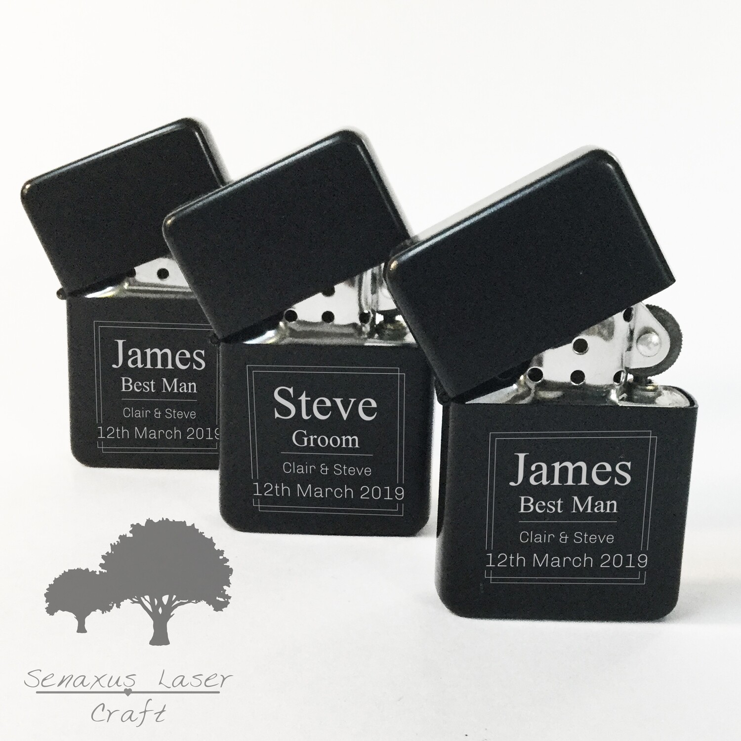 Personalised engraved Black Unisex Wedding Party gift lighter in tin. With free engraving LTR14