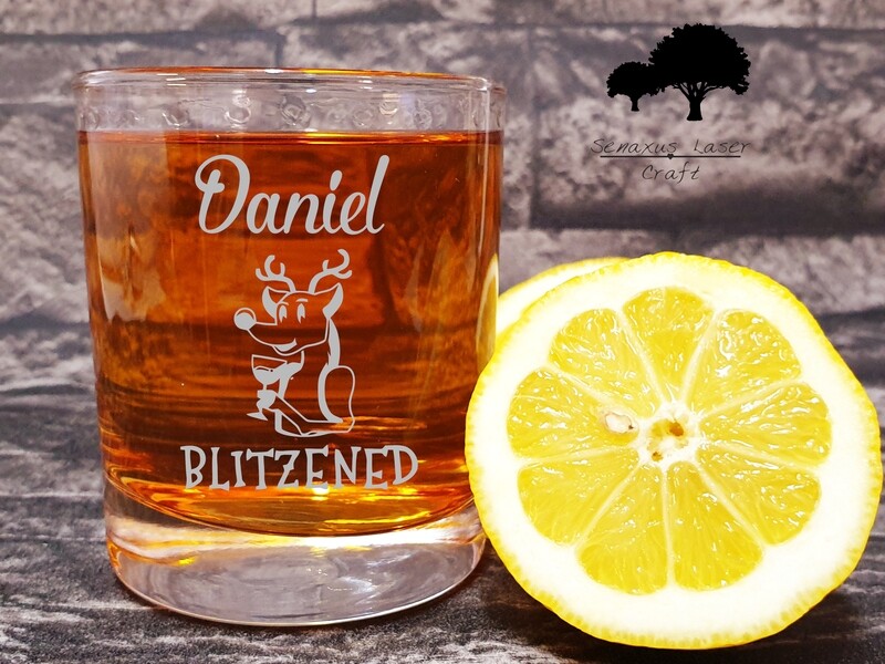 Funny Personalised Name, &#39;Blitzened&#39; Funny Reindeer Design, Christmas Spirit 10 oz Whiskey Glass. Great Christmas Gift for a Friend or Family Member. WTA72