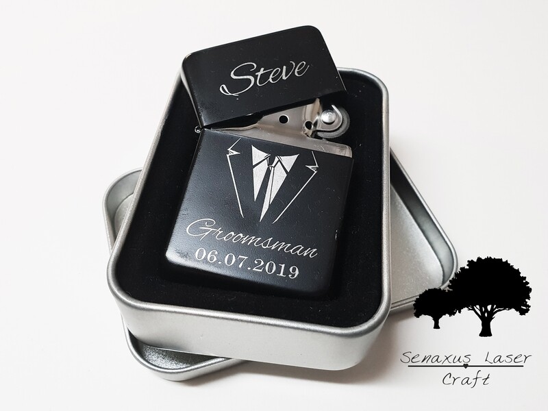 Personalised engraved Black Wedding gift lighter in tin, for any occasion. With free engraving LTR25