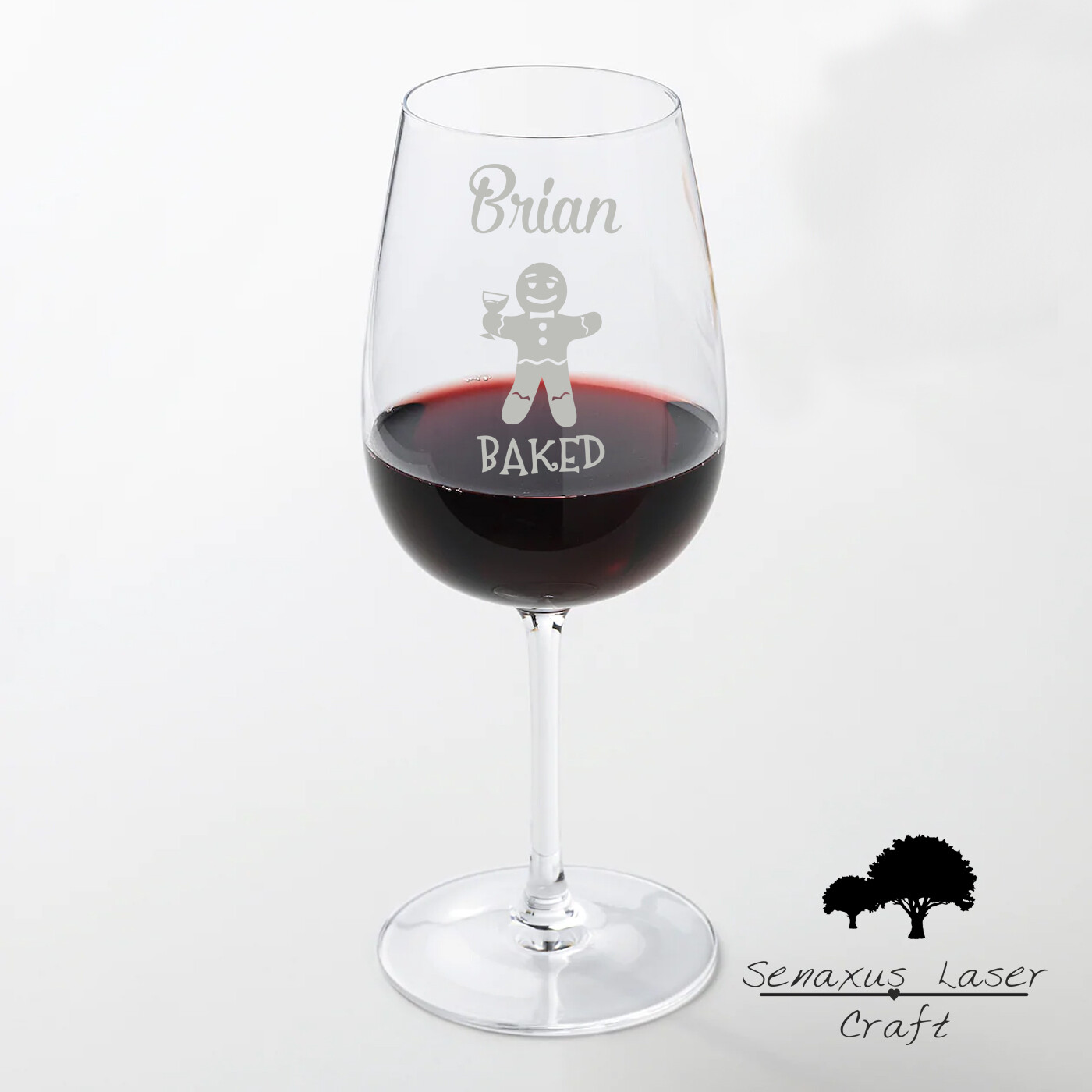 Unique Personalised &#39;Baked&#39; Funny Gingerbread man design Large 49cl wine glass. Great Christmas, Xmas Gift for a Friend or loved one.
