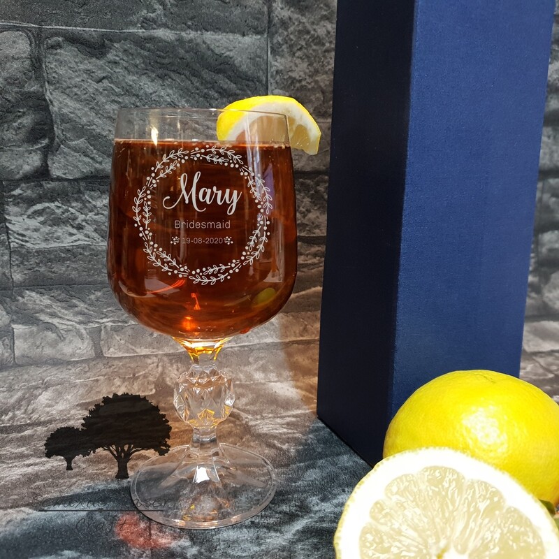 Unique Personalised Wreath Design small wine glass. Great Wedding gift for friends and family, groomsmen, bridesmaids, maid of honour