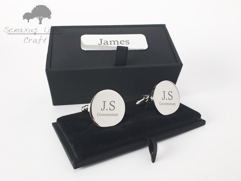 Engraved round Silver Cufflinks &amp; Personalised Gift Box wedding gift
