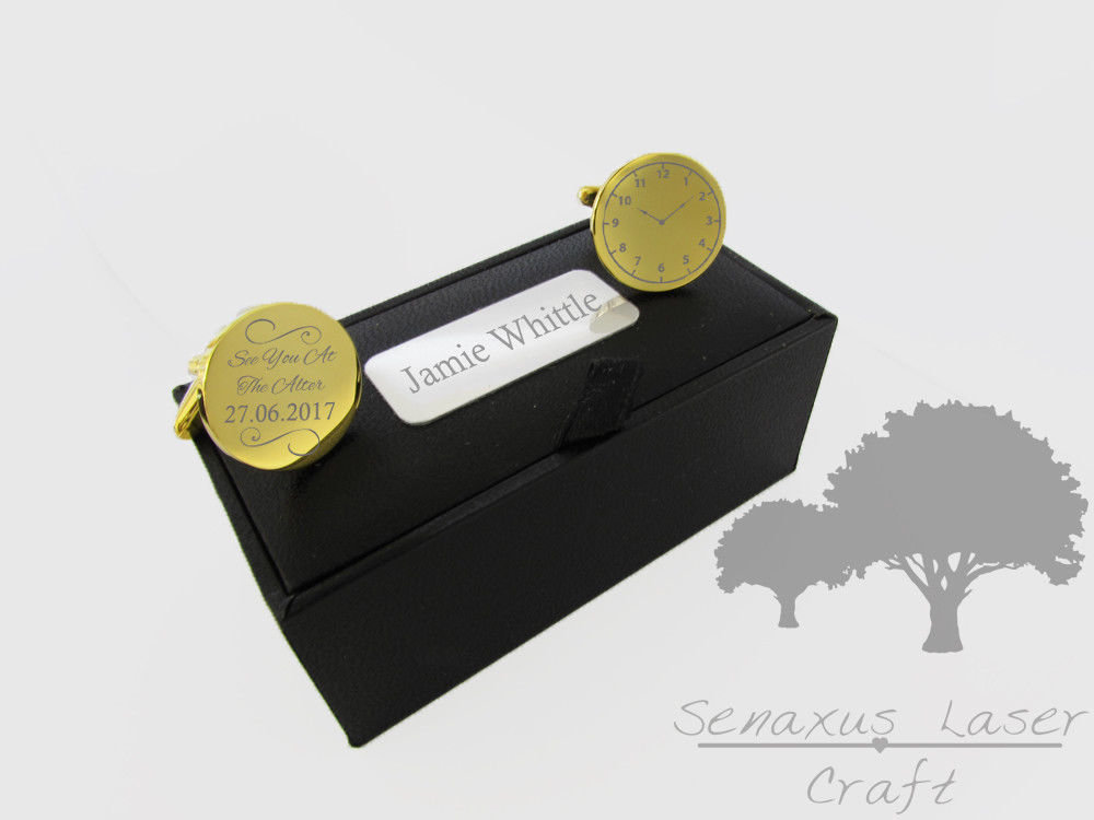 Engraved round Gold Cuff links &amp; Personalised Gift Box stag party gclr15