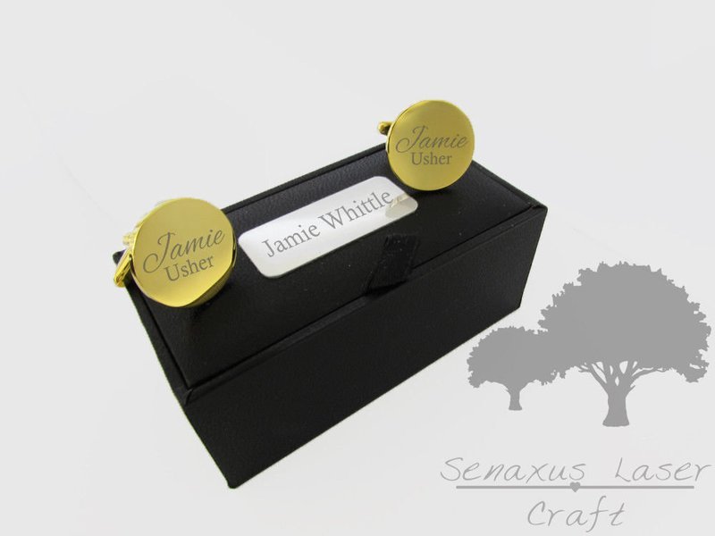 Engraved round Gold Cuff links &amp; Personalised Gift Box Bridal party gclr14