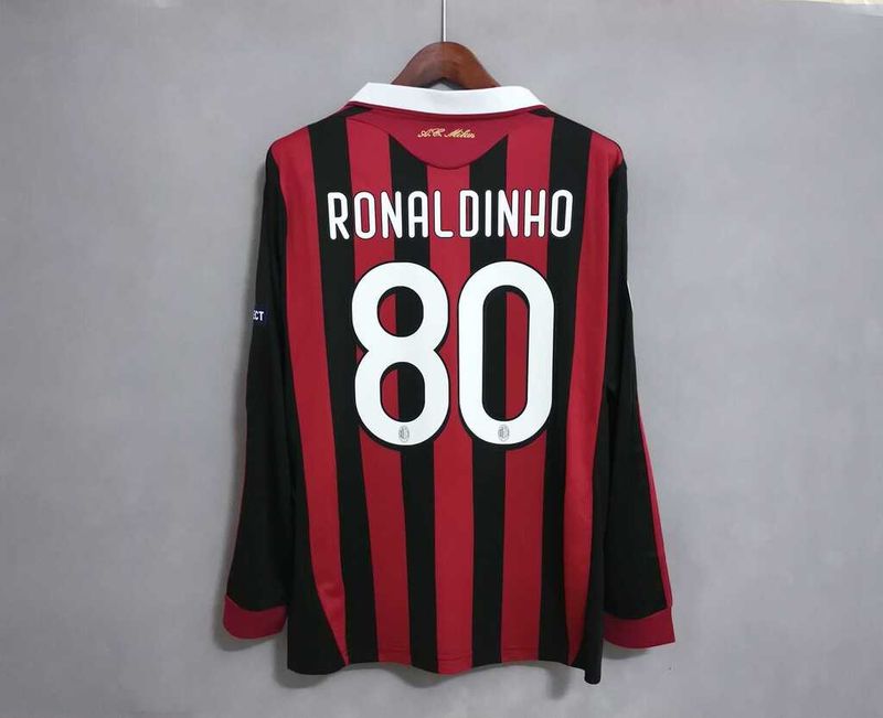 Camisa Milan Retrô I Home 09/10 Manga Longa Vermelho Preto Ronaldinho