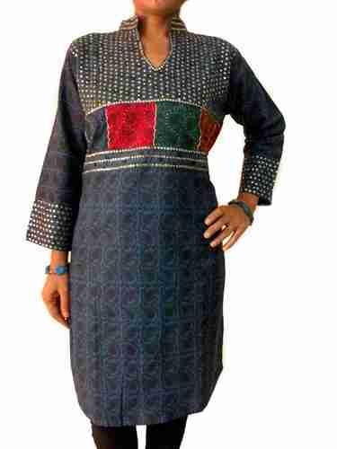 Navy Blue Printed Kurta with Sequinswork