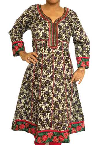 Black Printed Kurta with Embroidered Neckline and Hem