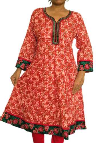 Red Printed Kurta with Embroidered Neckline and Hem