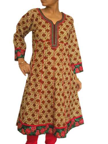 Brown Printed Kurta with Embroidered Neckline and Hem