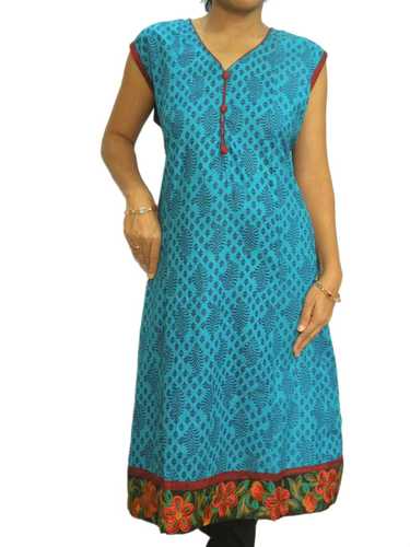Blue Block Printed Kurta with Embroidered Hem