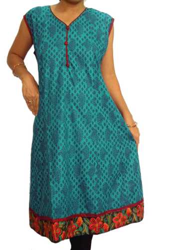 Deep Sea Green Block Printed Kurta with Embroidered Hem