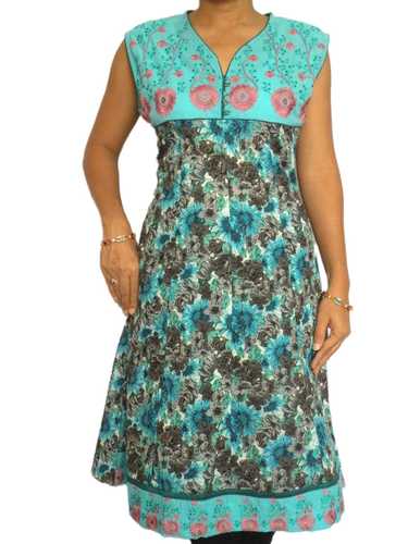 Sky Blue Printed Kurta with Embroidered Yoke and Hem