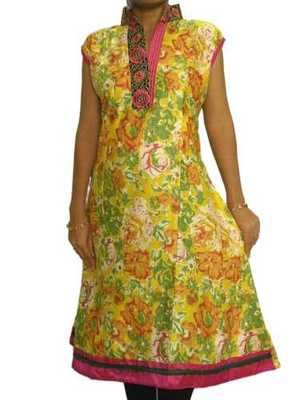Yellow Printed Kurta with Embroidered Neckline