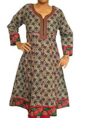 Black Printed Kurta with Embroidered Neckline and Hem