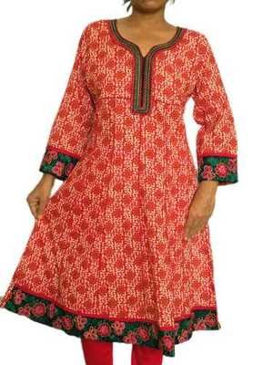 Red Printed Kurta with Embroidered Neckline and Hem