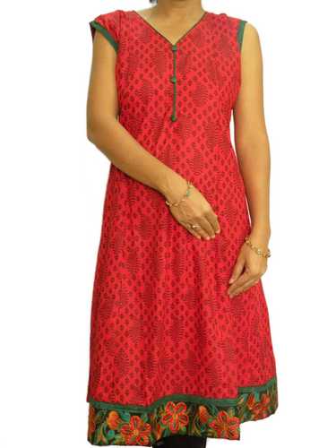 Red Block Printed Kurta with Embroidered Hem