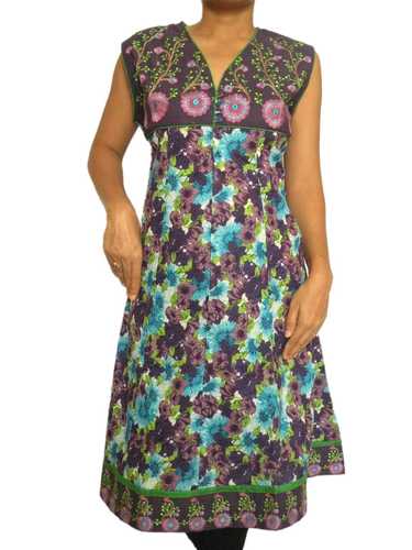 Purple Printed Kurta with Embroidered Yoke and Hem
