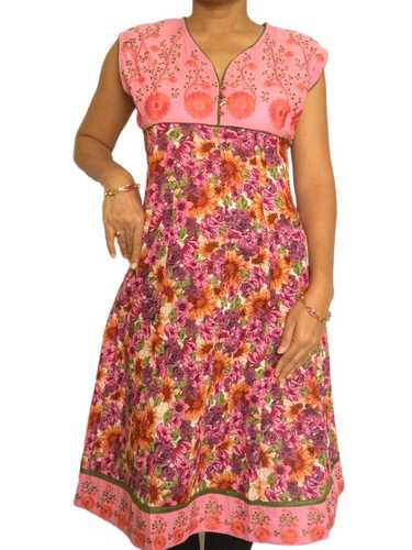 Deep Pink Printed Kurta with Embroidered Yoke and Hem