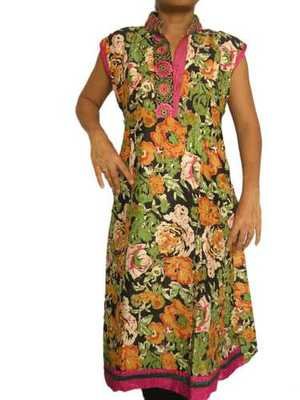 Black Printed Kurta with Embroidered Neckline