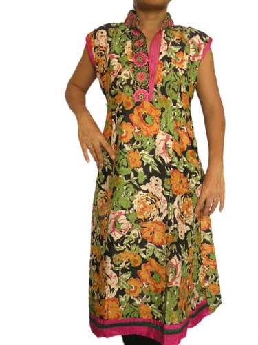 Black Printed Kurta with Embroidered Neckline