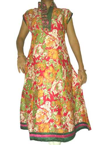 Red Printed Kurta with Embroidered Neckline