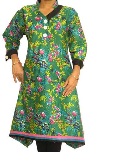 Green Printed Kurta with Fish cut Hem