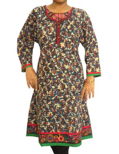 Navy Blue Printed Kurta with Embroidered Neck and Hem