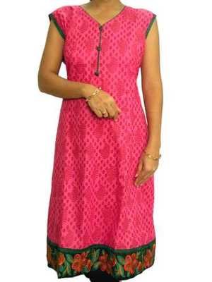 Deep Pink Block Printed Kurta with Embroidered Hem