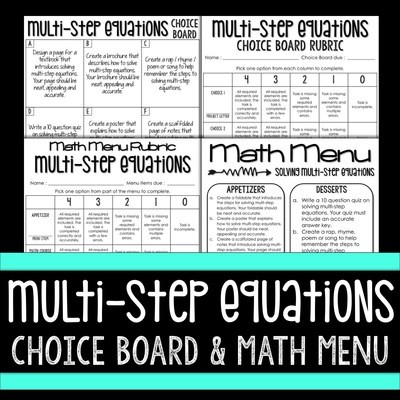 Multi-Step Equations Choice Board and Math Menu