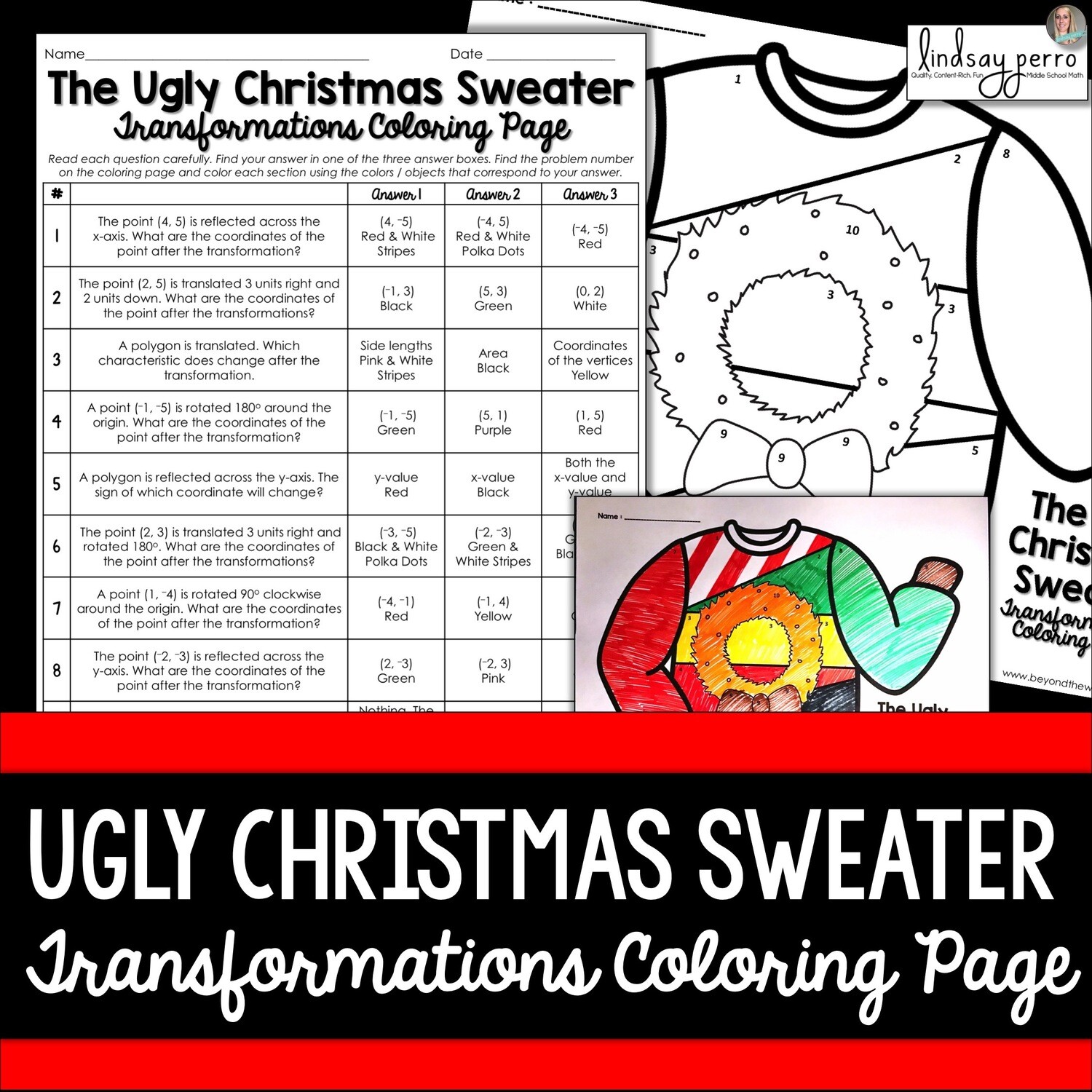 Ordered Pair Transformations Christmas Coloring Worksheet