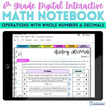 Operations With Whole Numbers and Decimals Digital Interactive Notebook for 6th Grade