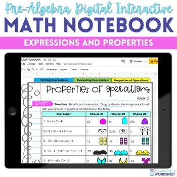 Expressions and Properties Digital Interactive Notebook for Pre-Algebra