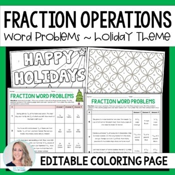 Fraction Operations Word Problems Coloring Page (Holiday and Generic Themed)