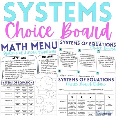 Systems of Equations Choice Board and Math Menu