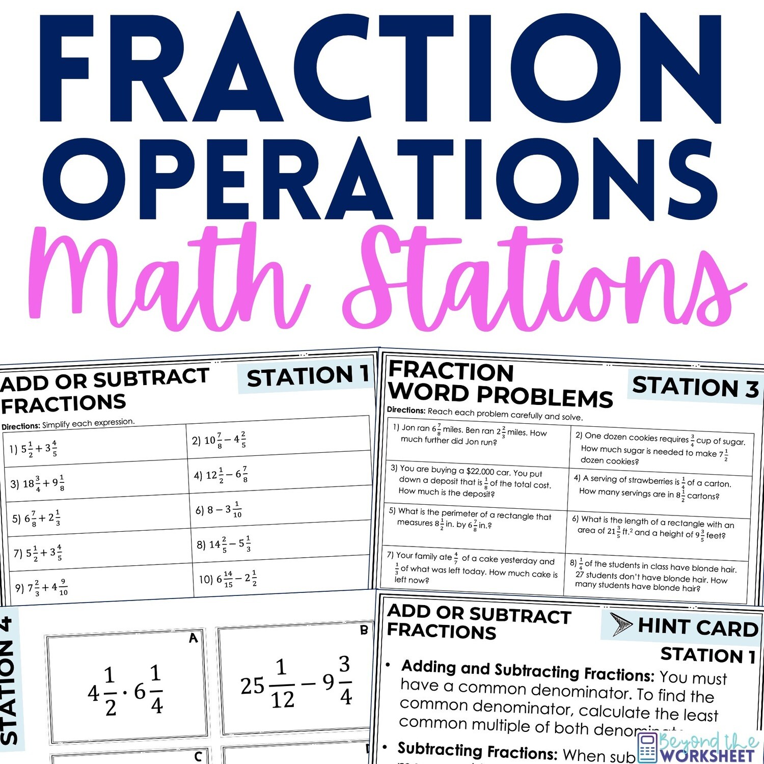 Operations with Fractions and Mixed Numbers Math Stations