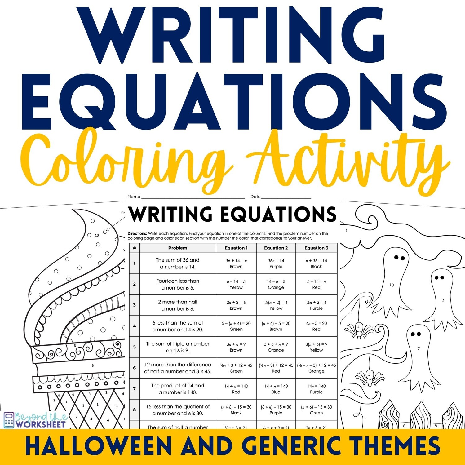 Writing Equations Coloring Activity Worksheet (Halloween and Generic Theme)