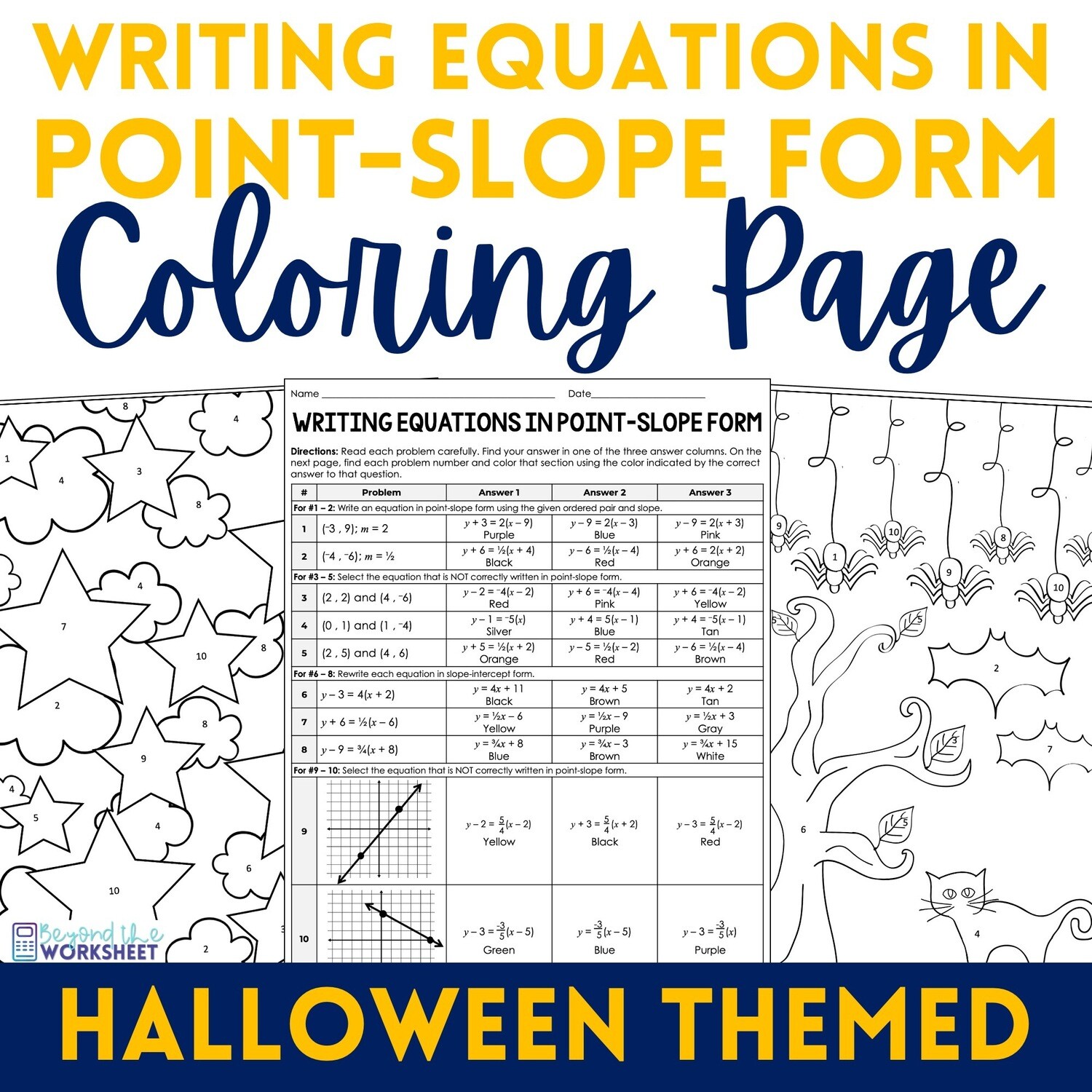 Writing Equations in Point Slope Form Coloring Worksheet (Halloween and Generic Theme)